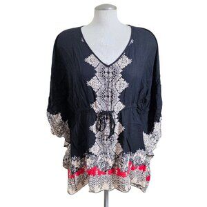 Angie Kaftan Tunic Top Size M Black Red Ethnic Print Rayon Festival Boho Artsy